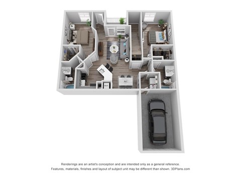A 3D floor plan of a house with a car parked in the garage.